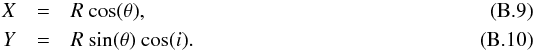 Mathematical equation: \appendix \setcounter{section}{2} \begin{eqnarray} X&=&R~{\rm cos}(\theta), \\ Y&=&R~{\rm sin}(\theta)~{\rm cos}(i). \end{eqnarray}