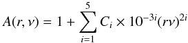 Mathematical equation: \begin{equation} A(r,\nu) = 1 + \sum_{i=1}^{5} C_i \times 10^{-3i} (r \nu)^{2i} \label{eq:beam_model} \end{equation}