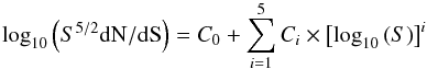 Mathematical equation: \begin{equation} \log_{10}{\left( S^{5/2} {\rm d}\mathrm{N}/{\rm d}\mathrm{S} \right)} = C_0 + \sum_{i=1}^{5} C_i \times \left[ \log_{10}{(S)} \right]^{i} \label{eq:counts_model} \end{equation}