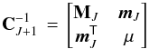 Mathematical equation: \appendix \setcounter{section}{1} \begin{equation} \gpcovJp\inv \,=\, \begin{bmatrix} \mmatJ & \mvecJ \\ \mvecJ\trans & \mu \end{bmatrix} \label{eqn:partgpcovinv} \end{equation}