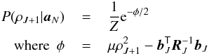 Mathematical equation: \appendix \setcounter{section}{1} \begin{eqnarray} P(\rhoJp | \extvecN) \,&=&\, \frac{1}{Z} {\rm e}^{-\phi/2} \hspace*{1em} \nonumber\\ {\rm where} ~~\phi \,&=&\, \mu\rhoJp^2 - \bvecJ\trans\rmatJ\inv\bvecJ \label{eqn:rhointD} \end{eqnarray}