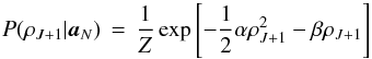 Mathematical equation: \appendix \setcounter{section}{1} \begin{equation} P(\rhoJp | \extvecN) \,=\, \frac{1}{Z} \exp \left[ -\frac{1}{2}\alpha\rhoJp^2 - \beta\rhoJp \right] \ \label{eqn:rhointE} \end{equation}