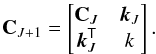 Mathematical equation: \appendix \setcounter{section}{2} \begin{eqnarray} \gpcovJp = \begin{bmatrix} \gpcovJ & \kvecJ \\ \kvecJ\trans & \kJp \end{bmatrix} . \label{eqn:partgpcov} \end{eqnarray}