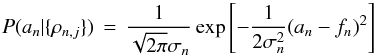 Mathematical equation: \begin{equation} P(\extn | \{\rhonj\}) \,=\, \frac{1}{\sqrt{2\pi}\extsdn} \exp\left[ -\frac{1}{2\extsdn^2} (\extn - \estextn)^2 \right] \label{eqn:likeA} \end{equation}