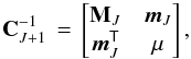 Mathematical equation: \begin{equation} \gpcovJp\inv \,=\, \begin{bmatrix} \mmatJ & \mvecJ \\ \mvecJ\trans & \mu \end{bmatrix} , \end{equation}