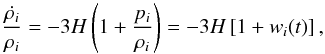Mathematical equation: \begin{equation} \frac{\dot{\rho_i}}{\rho_i} = - 3 H \left(1 + \frac{p_i}{\rho_i}\right) = - 3 H \left[1 + w_i(t)\right], \label{eq: continuity} \end{equation}