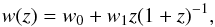Mathematical equation: \begin{equation} w(z) =w_0 + w_{1} z (1 + z)^{-1}, \label{cpleos} \end{equation}