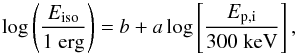 Mathematical equation: \begin{equation} \label{eqamati} \log \left(\frac{E_{\rm iso}}{1\;\mathrm{erg}}\right) = b+a \log \left[ \frac{E_{\mathrm{p,i}} }{300\;\mathrm{keV}} \right], \end{equation}
