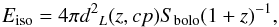 Mathematical equation: \begin{equation} E_{\rm iso}=4\pi{d^2}_{L}(z, cp)S_{\rm bolo}(1+z)^{-1}, \end{equation}