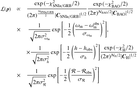 Mathematical equation: \begin{eqnarray} \footnotesize {\cal{L}}(\vec{p}) & \propto & \frac {\exp{(-\chi^2_{\rm SNIa/GRB}/2)}}{(2 \pi)^{\frac{{\cal{N}}_{\rm SNIa/GRB}}{2}} |\vec{C}_{\rm SNIa/GRB}|^{1/2}} \frac{\exp{(-\chi^2_{\rm BAO}/2})}{(2 \pi)^{{\cal{N}}_{\rm BAO}/2} |\vec{C}_{\rm BAO}|^{1/2}} \nonumber\\ & \times &~ \frac{1}{\sqrt{2 \pi \sigma_{\omega_{\rm m}}^2}} \exp{\left [- \frac{1}{2} \left ( \frac{\omega_{\rm m} - \omega^{\rm obs}_{\rm m}}{\sigma_{\omega_{\rm m}}} \right )^2\right]} ,\\ &&\times\frac{1}{\sqrt{2 \pi \sigma_h^2}} \exp{\left[- \frac{1}{2} \left ( \frac{h - h_{\rm obs}}{\sigma_h} \right )^2\right]} \frac{\exp{(-\chi^2_{\rm H}/2})}{(2 \pi)^{{\cal{N}}_{\rm H}/2} |\vec{C}_{\rm H}|^{1/2}}\nonumber \\ & \times & \frac{1}{\sqrt{2 \pi \sigma_{{\cal{R}}}^2}} \exp{\left [ - \frac{1}{2} \left ( \frac{{\cal{R}} - {\cal{R}}_{\rm obs}}{\sigma_{{\cal{R}}}} \right )^2 \right]} \nonumber \, \label{defchiall} \end{eqnarray}