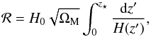 Mathematical equation: \begin{equation} {\cal{R}} = H_{0} \sqrt{\Omega_{\rm M}} \int_{0}^{z_{\star}}{\frac{{\rm d}z'}{H(z')}}, \label{eq: defshiftpar} \end{equation}