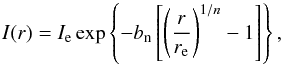 Mathematical equation: \begin{equation} I(r)=I_{\rm e}\exp\left\{ -b_{\rm n} \left[ \left( \frac{r}{r_{\rm e}}\right)^{1/n}-1\right] \right\}, \label{sersic_eq} \end{equation}