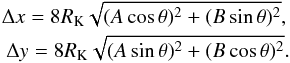 Mathematical equation: \begin{eqnarray} \Delta x = 8R_\mathrm{K}\sqrt{(A\cos \theta)^2 + (B\sin \theta)^2}, \nonumber \\ \Delta y = 8R_\mathrm{K}\sqrt{(A\sin \theta)^2 + (B\cos \theta)^2}. \label{postage_size_eq} \end{eqnarray}