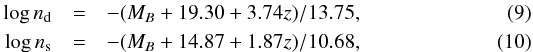 Mathematical equation: \begin{eqnarray} \log n_{\rm d} &=& -(M_{B}+19.30+3.74z)/13.75 \label{disk_Bz_mag} ,\\ \log n_{\rm s} &=& -(M_{B}+14.87+1.87z)/10.68 \label{sphr_Bz_mag} , \end{eqnarray}
