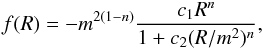 Mathematical equation: \begin{eqnarray} f(R) = -m^{2(1-n)}\frac{c_1R^n}{1 + c_2(R/m^2)^n}, \end{eqnarray}
