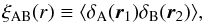 Mathematical equation: \begin{equation} \xi_{\rm AB}(r) \equiv \langle \delta_{\rm A}({\vec{r}_1}) \delta_{\rm B}({\vec{r}_2}) \rangle, \label{eq:def_xi} \end{equation}
