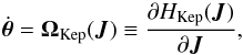Mathematical equation: \begin{equation} \dot{\bm{\theta}} = \bm{\Omega}_{\rm Kep} (\bm{J}) \equiv \frac{\partial H_{\rm Kep} (\bm{J})}{\partial \bm{J}} , \label{definition_Omega} \end{equation}