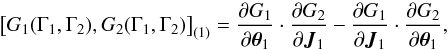 Mathematical equation: \begin{equation} \big[ G_{1} (\Gamma_{1} , \Gamma_{2}) , G_{2} (\Gamma_{1} , \Gamma_{2}) \big]_{(1)} = \frac{\partial G_{1}}{\partial \bm{\theta}_{1}} \cdot \frac{\partial G_{2}}{\partial \bm{J}_{1}} - \frac{\partial G_{1}}{\partial \bm{J}_{1}} \cdot \frac{\partial G_{2}}{\partial \bm{\theta}_{1}} , \label{definition_Poisson_1} \end{equation}