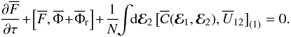 Mathematical equation: \begin{equation} \frac{\partial \oF}{\partial \tau} \!+\! \left[ \oF , \oP \!+\! \oP_{\rr} \right] \!+\! \frac{1}{N} \!\! \int \!\! \rd \bR_{2} \, \big[ \oC (\bR_{1} , \bR_{2}) , \oU_{12} \big]_{(1)} = 0 . \label{BBGKY_1_final} \end{equation}