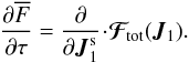 Mathematical equation: \begin{equation} \frac{ \partial \oF }{\partial \tau}= \frac{\partial }{ \partial \bm{J}_{1}^{\rm s}} \!\cdot\! \bm{\mathcal{F}}_{\!\rm tot} (\bm{J}_{1}) . \label{BL_Kepler_div} \end{equation}