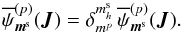 Mathematical equation: \begin{equation} \opsi^{(p)}_{\bm{m}^{\rm s}} (\bm{J}) = \delta_{m^{p}}^{m_{h}^{\rm s}} \, \opsi^{(p)}_{\bm{m}^{\rm s}} (\bm{J}) . \label{symmetry_psi_p_3D} \end{equation}