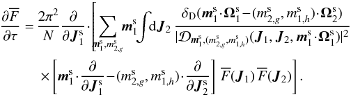 Mathematical equation: \begin{eqnarray} \frac{\partial \oF}{\partial \tau} &= & \, \frac{2 \pi^{2}}{N} \frac{\partial }{\partial \bm{J}_{1}^{\rm s}} \!\cdot\! \left[ \!\! \sum_{\bm{m}_{1}^{\rm s} , m_{2 , g}^{\rm s}} \!\! \bm{m}_{1}^{\rm s} \!\! \int \!\! \rd \bm{J}_{2} \, \frac{\delta_{\rm D} (\bm{m}_{1}^{\rm s} \!\cdot\! \bm{\Omega}_{1}^{\rm s} \!-\! (m_{2 , g}^{\rm s} , m_{1 , h}^{\rm s}) \!\cdot\! \bm{\Omega}_{2}^{\rm s})}{|\mathcal{D}_{\bm{m}_{1}^{\rm s} , (m_{2,g}^{\rm s} , m_{1,h}^{\rm s})} (\bm{J}_{1} , \bm{J}_{2} , \bm{m}_{1}^{\rm s} \!\cdot\! \bm{\Omega}_{1}^{\rm s} )|^{2}} \nonumber \right.\\ && \left.\, \times \left[ \bm{m}_{1}^{\rm s} \!\cdot\! \frac{\partial }{\partial \bm{J}_{1}^{\rm s}} \!-\! (m_{2 , g}^{\rm s} , m_{1 , h}^{\rm s}) \!\cdot\! \frac{\partial }{\partial \bm{J}_{2}^{\rm s}} \right] \, \oF (\bm{J}_{1}) \, \oF (\bm{J}_{2}) \right] . \label{BL_Kepler_3D} \end{eqnarray}