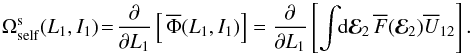 Mathematical equation: \begin{equation} \Omega^{\rm s}_{\rm self} (L_{1} , I_{1}) \!=\! \frac{\partial }{\partial L_{1}} \left[ \,\oP (L_{1} , I_{1}) \right] = \frac{\partial }{\partial L_{1}} \left[ \int \!\! \rd \bR_{2} \, \oF (\bR_{2}) \oU_{12} \right] . \label{BL_self_freq_main} \end{equation}