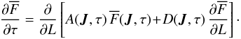 Mathematical equation: \begin{equation} \frac{\partial \oF}{\partial \tau} = \frac{\partial }{\partial L} \left[ A (\bm{J} , \tau) \, \oF (\bm{J} , \tau) \!+\! D (\bm{J} , \tau) \, \frac{\partial \oF}{\partial L} \right] \cdot \label{rewrite_BL_Kepler_disc} \end{equation}