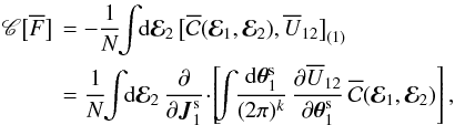 Mathematical equation: \appendix \setcounter{section}{2} \begin{eqnarray} \mathscr{C} \big[ \oF \big] & \, = &- \frac{1}{N} \!\! \int \!\! \rd \bR_{2} \, \big[ \oC(\bR_{1} , \bR_{2}) , \oU_{12} \big]_{(1)} \nonumber \\ & \, = &\frac{1}{N} \!\! \int \!\! \rd \bR_{2} \, \frac{\partial }{\partial \bm{J}_{1}^{\rm s}} \!\cdot\! \left[ \!\! \int \!\! \frac{\rd \bm{\theta}_{1}^{\rm s}}{(2 \pi)^{k}} \, \frac{\partial \oU_{12}}{\partial \bm{\theta}_{1}^{\rm s}} \, \oC (\bR_{1} , \bR_{2}) \right] , \label{definition_collision_operator} \end{eqnarray}