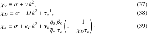 Mathematical equation: \begin{eqnarray} &&\freqnu\equiv \freq +\nu\,\wn^2,\\ &&\freqD\equiv \freq +D\,\wn^2 +\itcond,\\ &&\freqK\equiv \freq +\kapt\,\wn^2 +\gammasat\frac{\qsatm}{\qvapm}\frac{\betacond}{\tcond}\left(1-\frac{1}{\freqD\tcond}\right)\cdot \end{eqnarray}