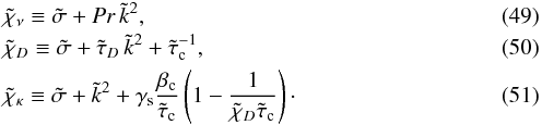 Mathematical equation: \begin{eqnarray} &&\freqnut\equiv \tfreq +\Pr\,\tk^2,\\ &&\freqDt\equiv \tfreq +\taud\,\tk^2 +\titcond,\\ &&\freqKt\equiv \tfreq +\tk^2 +\gammasat\frac{\betacond}{\ttcond}\left(1-\frac{1}{\freqDt\ttcond}\right)\cdot \end{eqnarray}
