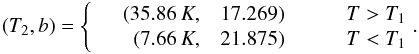 Mathematical equation: \begin{eqnarray} (T_2, b)=\left\{\begin{array}{lrllcc}&(35.86\,K, & 17.269 )&& & T>T_1 \\&(7.66\,K, & 21.875)& & & T<T_1\end{array}\! .\right. \end{eqnarray}