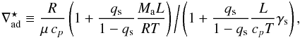 Mathematical equation: \begin{eqnarray} \label{moistadiabat} \delmoist\equiv \frac{\Rgp}{\mu\,\cp} \left(1+\frac{\qsat}{1-\qsat} \frac{\Mair \latent}{\Rgp \temp}\right)\bigg{/}\left(1+\frac{\qsat}{1-\qsat} \frac{\latent}{\cp \temp}\gammasat\right), \end{eqnarray}