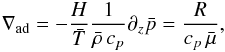 Mathematical equation: \begin{eqnarray} \delad =-\frac{\hp}{\tempm}\frac{1}{\rhom\,\cp} \partial_z \pressm=\frac{\Rgp}{ \cp\,\mum}, \end{eqnarray}