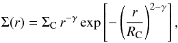 Mathematical equation: \begin{equation} \Sigma (r) = \Sigma_{\rm{C}} \, r^{-\gamma} \, \mathrm{exp} \left [- \left (\frac{r}{R_{\rm{C}}} \right) ^{2-\gamma} \right], \label{eq:eq1} \end{equation}