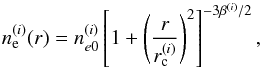 Mathematical equation: \begin{equation} n_{\rm e}^{(i)}(r) = n_{e0}^{(i)} \left[1+\left(\frac{r}{r_{\rm c}^{(i)}}\right)^2 \right]^{-3 \beta^{(i)} /2}, \label{eq:beta_model} \end{equation}
