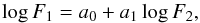 Mathematical equation: \begin{equation} \log F_{\rm 1} = a_{\rm 0} + a_{\rm 1} \log F_{\rm 2} , \end{equation}