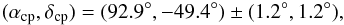 Mathematical equation: \begin{eqnarray*} (\alpha_{\rm cp},\delta_{\rm cp})=(92.9^{\circ},-49.4^{\circ})\pm(1.2^{\circ},1.2^{\circ}) , \end{eqnarray*}