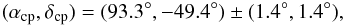 Mathematical equation: \begin{eqnarray*} (\alpha_{\rm cp},\delta_{\rm cp})=(93.3^{\circ},-49.4^{\circ})\pm(1.4^{\circ},1.4^{\circ}) , \end{eqnarray*}