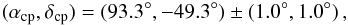 Mathematical equation: \begin{eqnarray*} (\alpha_{\rm cp},\delta_{\rm cp})=(93.3^{\circ},-49.3^{\circ})\pm(1.0^{\circ},1.0^{\circ})\, , \end{eqnarray*}