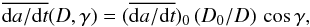 Mathematical equation: \begin{equation} \overline{{\rm d}a/{\rm d}t}(D,\gamma)=(\overline{{\rm d}a/{\rm d}t})_0\, (D_0/D)\,\cos \gamma, \label{eq:driftrate} \end{equation}