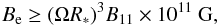 Mathematical equation: \begin{eqnarray} \label{eq:BeBound1} B_{\rm e} \geq (\Omega R_*)^3 B_{11}\times 10^{11}~ \text{G}, \end{eqnarray}