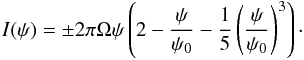 Mathematical equation: \begin{eqnarray} \label{eq:OpenCurrent} I(\psi) =\pm 2\pi \Omega \psi \left( 2-\frac{\psi}{\psi_0}-\frac{1}{5}\left(\frac{\psi}{\psi_0}\right)^3\right)\cdot \end{eqnarray}