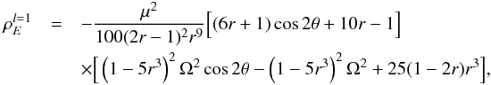 Mathematical equation: \begin{eqnarray} \label{eq:EDensity1} \rho_E^{l=1}&=&-\frac{\mu ^2}{100 (2 r-1)^2 r^9} \Big[(6 r+1) \cos 2 \theta +10 r-1 \Big] \nonumber \\ &&\times \Big[\left(1-5 r^3\right)^2 \Omega ^2 \cos 2 \theta-\left(1-5 r^3\right)^2 \Omega ^2+25 (1-2 r) r^3\Big] , \end{eqnarray}