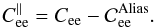 Mathematical equation: \begin{equation} C^\parallel_{\rm ee} = C_{\rm ee} - \covalias_{\rm ee}. \end{equation}