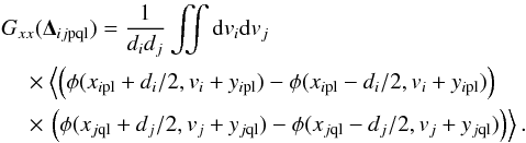 Mathematical equation: \appendix \setcounter{section}{1} \begin{eqnarray} \label{E:SxSx} \begin{aligned} & \gxx(\Dijpql) = \dfrac{1}{d_i d_j} \iint{\rm d}v_i{\rm d}v_j\\ &\quad\times \left\langle \para{\phi(\xipl+d_i/2,v_i + \yipl) - \phi(\xipl-d_i/2,v_i+\yipl)}\right.\\ &\quad\times\left.\para{\phi(\xjql+d_j/2,v_j+\yjql) - \phi(\xjql-d_j/2,v_j+\yjql)}\right\rangle. \end{aligned} \end{eqnarray}