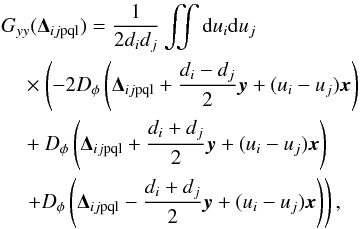 Mathematical equation: \appendix \setcounter{section}{1} \begin{eqnarray} \label{E:Gyy} \begin{aligned} &\gyy(\Dijpql)=\frac{1}{2d_id_j} \iint {\rm d}u_i{\rm d}u_j\\ &\quad\times \left(-2\Dphi{ \Dijpql + \dfrac{d_i-d_j}{2}{\vec y} + (u_i -u_j){\vec x}}\right.\\ &\quad +\Dphi{\Dijpql+ \dfrac{d_i+d_j}{2}{\vec y}+ (u_i -u_j){\vec x}}\\ &\quad\left.+\Dphi{ \Dijpql - \dfrac{d_i+d_j}{2}{\vec y} + (u_i - u_j){\vec x} } \right), \end{aligned} \end{eqnarray}