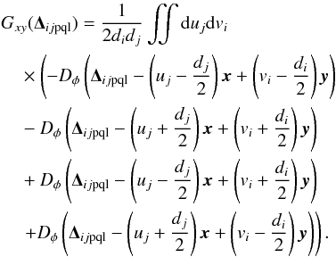 Mathematical equation: \appendix \setcounter{section}{1} \begin{eqnarray} \label{E:Gxy} \begin{aligned} &\gxy(\Dijpql)=\frac{1}{2d_id_j} \iint {\rm d}u_j {\rm d}v_i\\ &\quad\times \left(-\Dphi{ \Dijpql - \para{u_j-\dfrac{d_j}{2}}{\vec x} + \para{v_i-\dfrac{d_i}{2}}{\vec y} }\right.\\ &\quad- \Dphi{ \Dijpql -\para{u_j+\dfrac{d_j}{2}}{\vec x} + \para{v_i+\dfrac{d_i}{2}}{\vec y} } \\ &\quad+\Dphi{ \Dijpql - \para{u_j-\dfrac{d_j}{2}}{\vec x} + \para{v_i+\dfrac{d_i}{2}}{\vec y}}\\ &\quad\left.+\Dphi{ \Dijpql -\para{u_j+\dfrac{d_j}{2}}{\vec x} + \para{v_i-\dfrac{d_i}{2}}{\vec y}} \right) . \end{aligned} \end{eqnarray}