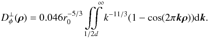 Mathematical equation: \appendix \setcounter{section}{1} \begin{equation} \label{E:dphialias} D^\perp_\phi(\rhob) = 0.046 \rz^{-5/3}\iint \limits_{1/2d}^{\quad\infty} k^{-11/3} (1 -\cos(2\pi \kk\rhob)) {\rm d}\kk. \end{equation}