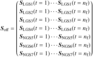 Mathematical equation: \begin{eqnarray} \sa = \left( \begin{aligned} &\s_\text{LGS1} (t=1) \cdots \s_\text{LGS1} (t=\Nf) \\ &\s_\text{LGS2}(t=1) \cdots \s_\text{LGS2} (t=\Nf)\\ &\s_\text{LGS3}(t=1) \cdots \s_\text{LGS3} (t=\Nf)\\ &\s_\text{LGS4}(t=1) \cdots \s_\text{LGS4} (t=\Nf) \end{aligned} \right) \end{eqnarray}